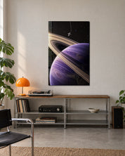 Small Astronaut, Huge Rings glass wall art by Artdesigna, lifestyle view