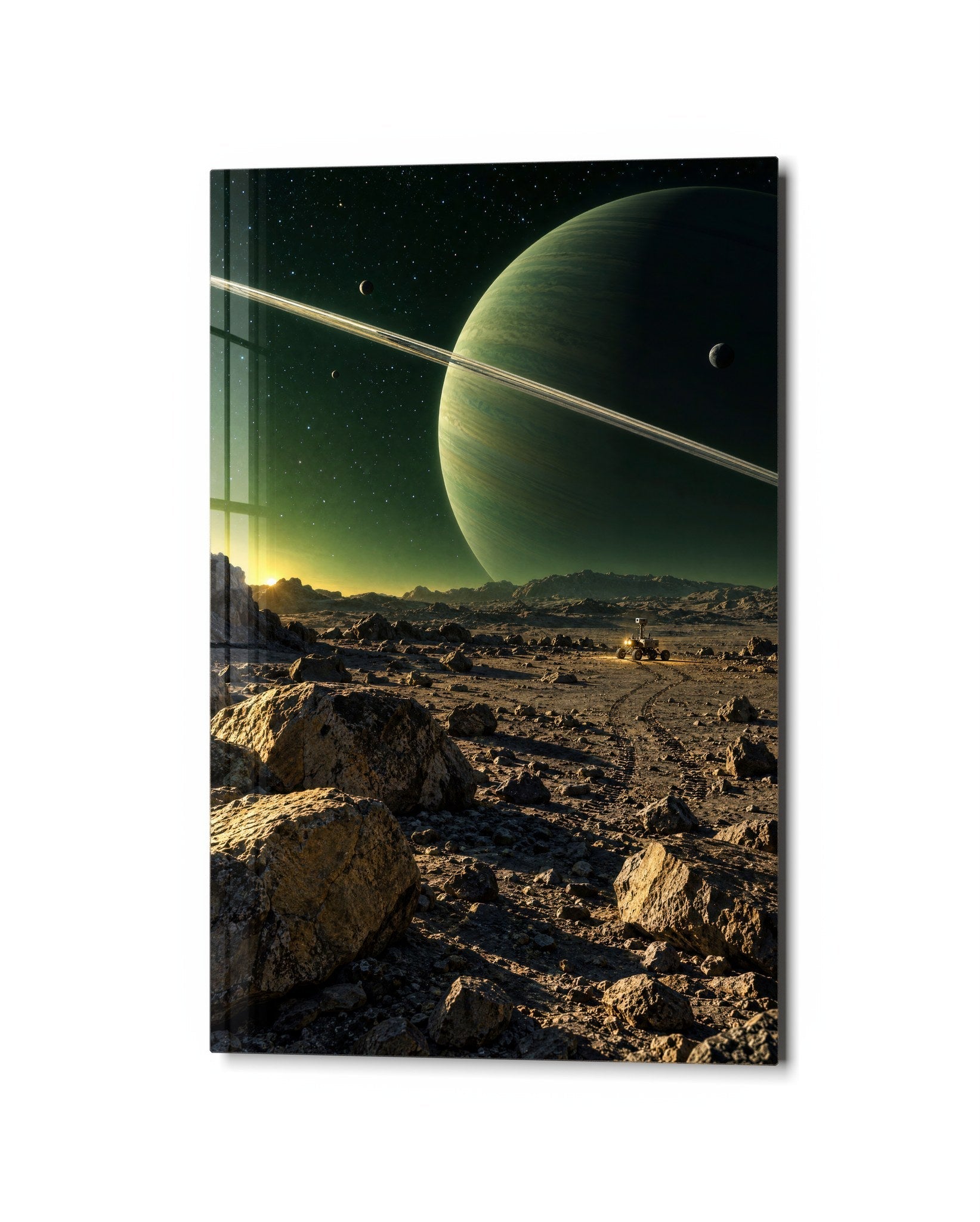 Greenish glass wall art by Artdesigna featuring abstract world-inspired design, displayed in a modern studio setting.