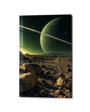 Greenish glass wall art by Artdesigna featuring abstract world-inspired design, displayed in a modern studio setting.
