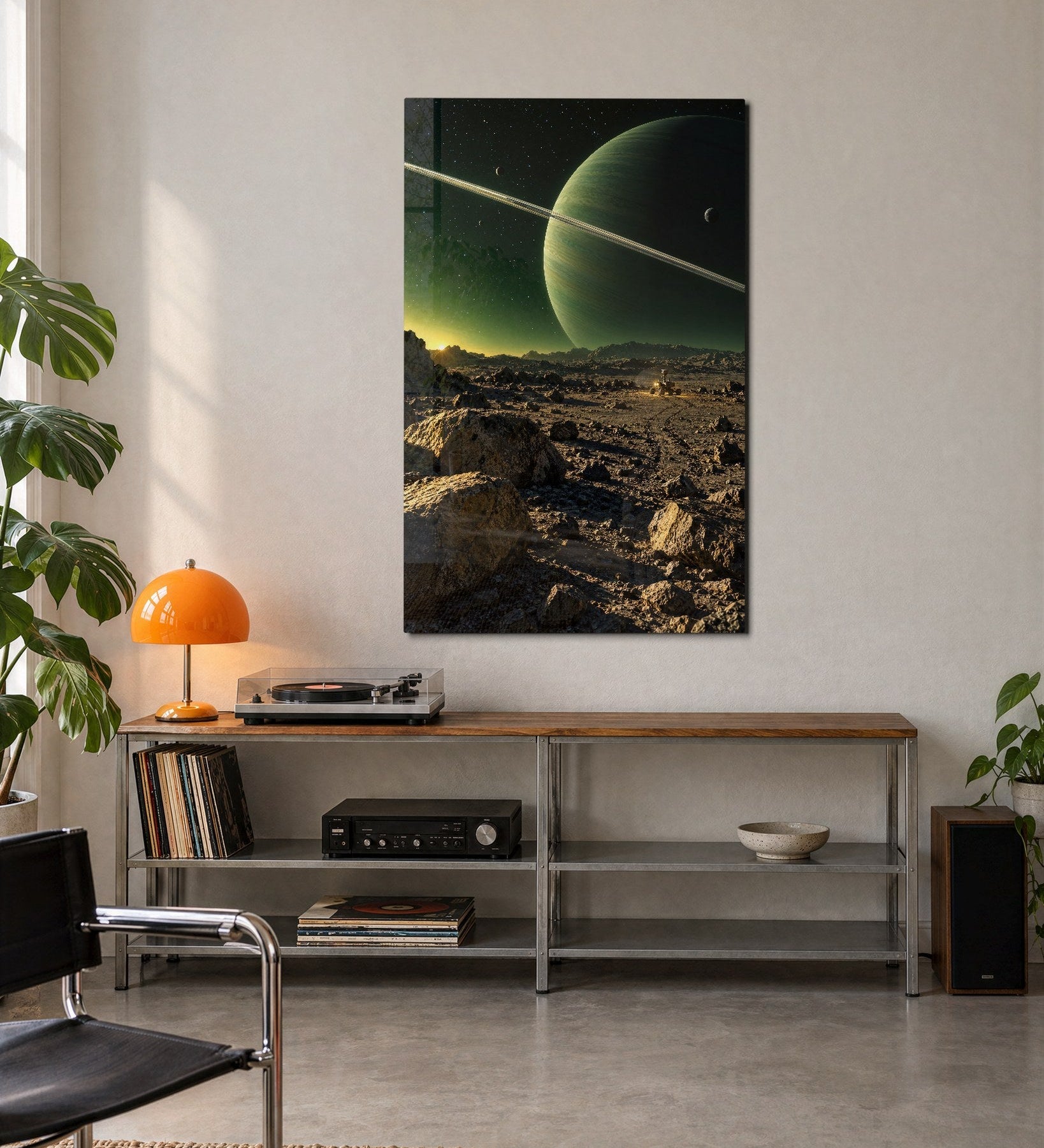 Greenish glass wall art by Artdesigna featuring a textured, abstract design displayed on a modern living room wall.