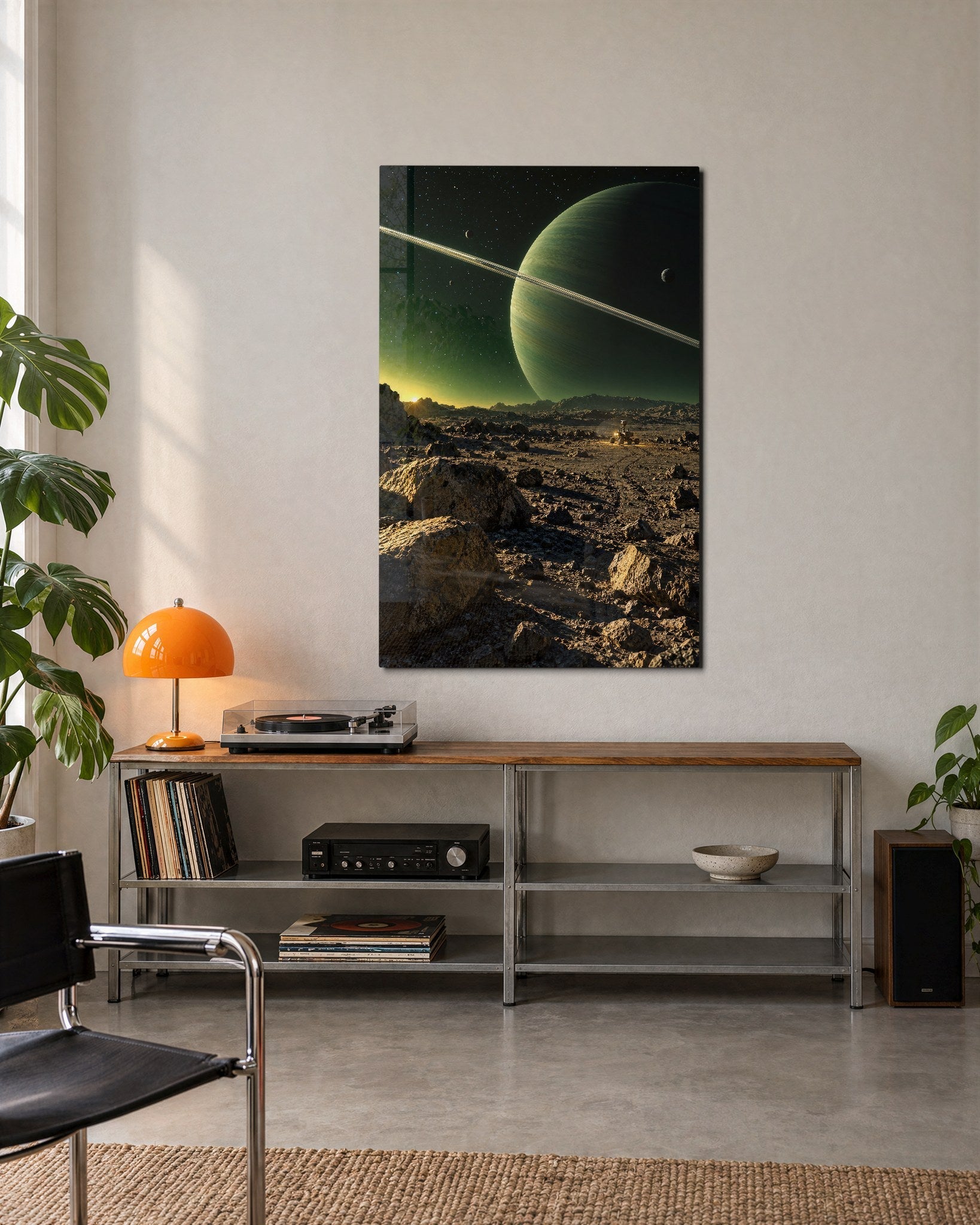 Greenish glass wall art by Artdesigna featuring a textured, abstract design displayed on a modern living room wall.
