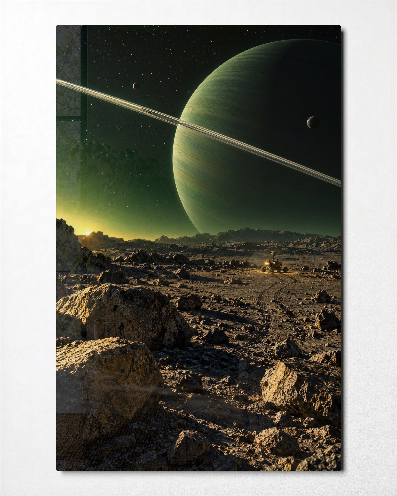Greenish glass wall art titled "A Greenish World Looms" by Artdesigna featuring abstract glass design for modern wall decor.