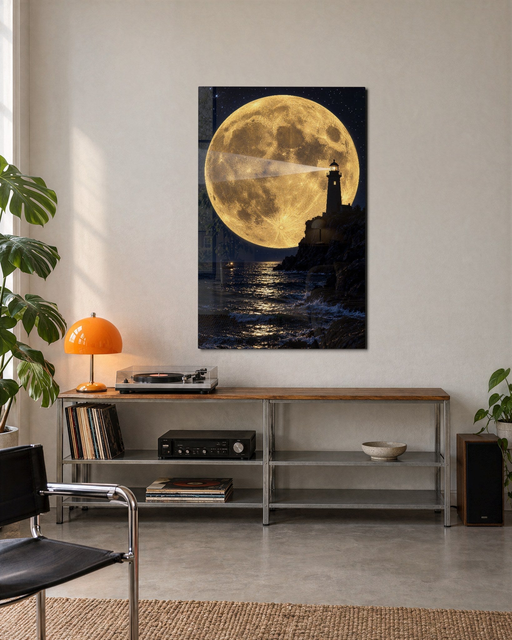 Glass wall art titled "Beam Toward a Yellow Giant" by Artdesigna featuring vibrant yellow and abstract design in a modern living space.