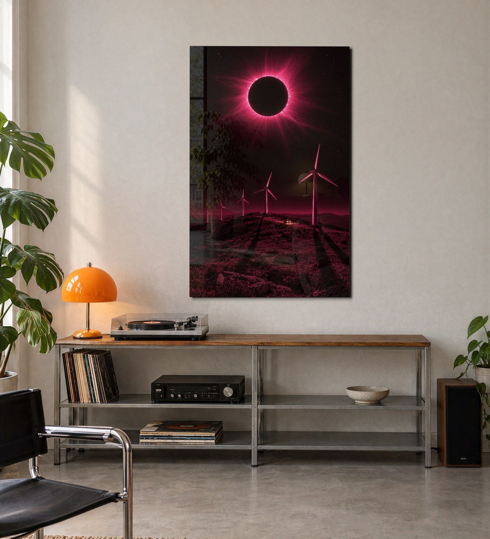 Pink Sky glass wall art by Artdesigna featuring slow blades design displayed on a modern wall in a stylish living space.