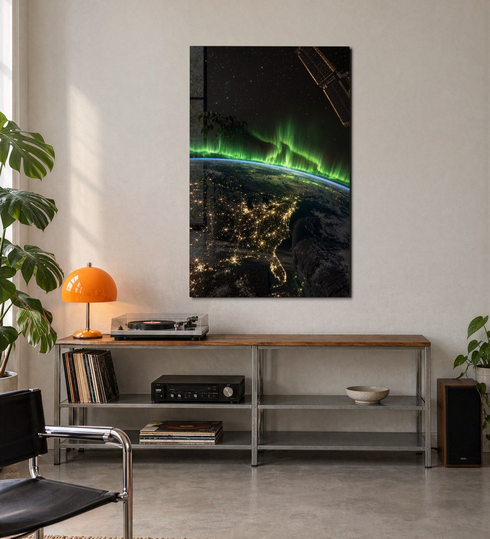 Glass wall art titled Light Along the Curve by Artdesigna, showcasing elegant glass design with flowing curves in a modern interior.