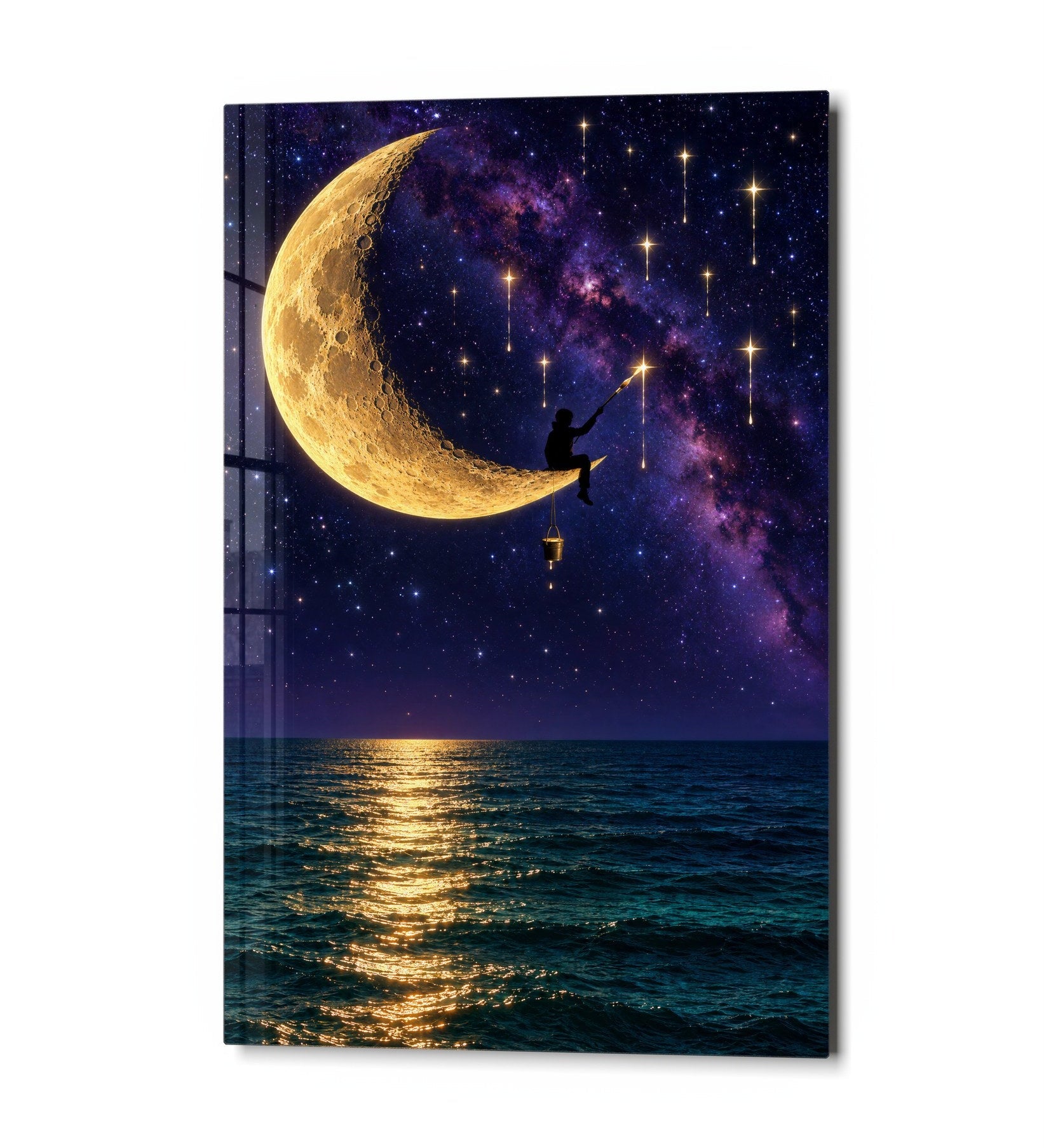 Glass wall art titled "Casting for a Star" by Artdesigna featuring a clear glass star-shaped design on a white background.