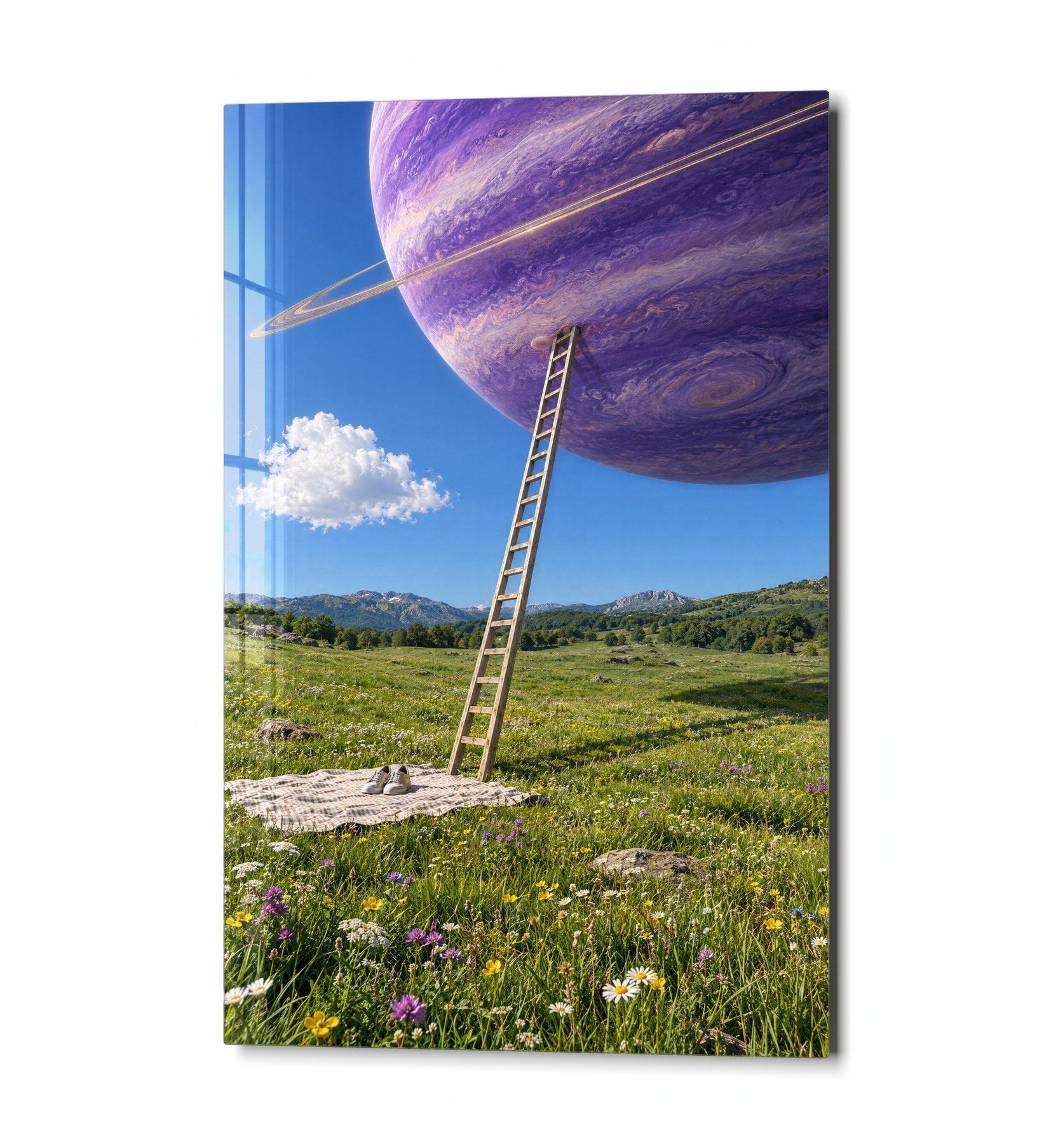 Glass wall art titled "Climb Toward a Purple World" by Artdesigna, showcasing vibrant purple hues and intricate glass design.
