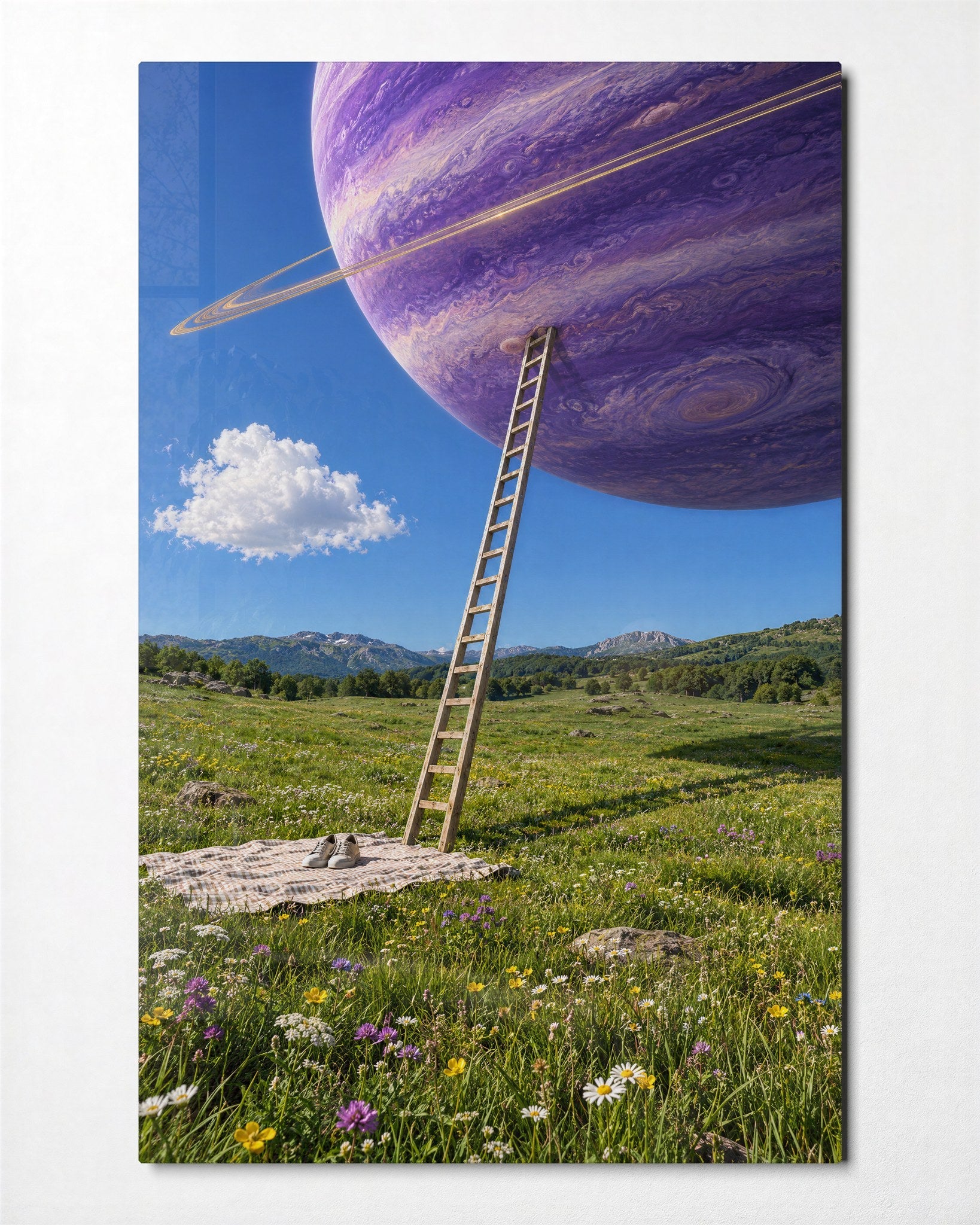 Glass wall art titled "Climb Toward a Purple World" by Artdesigna featuring a vibrant, abstract purple and blue design on clear glass.