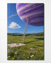 Glass wall art titled "Climb Toward a Purple World" by Artdesigna featuring a vibrant, abstract purple and blue design on clear glass.