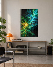 Golden Heart glass wall art featuring gas cloud design by Artdesigna, mounted on a wall with vibrant, abstract glass artwork.