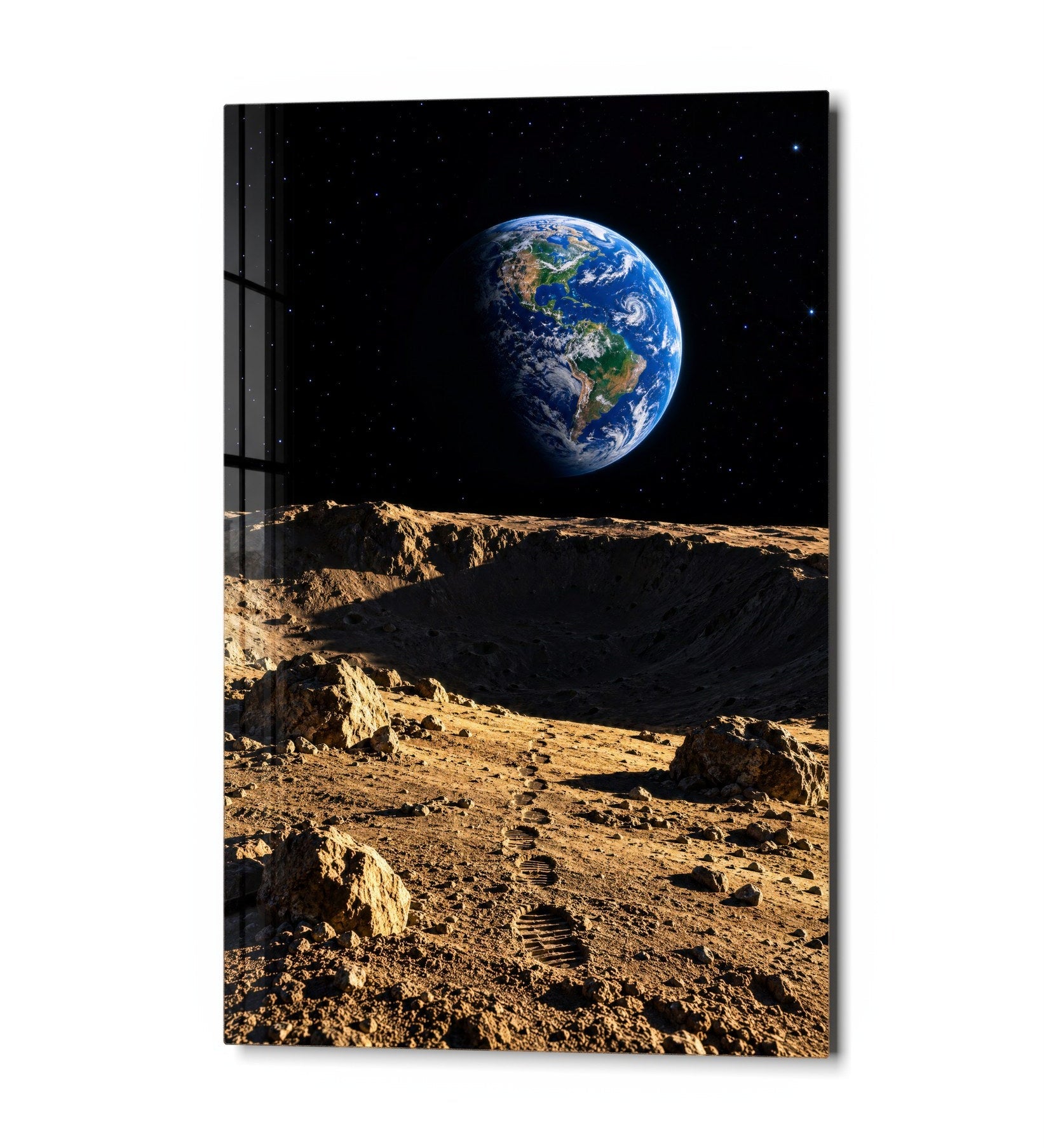 Glass wall art featuring footprints and moon dust design by Artdesigna, showcasing a sleek, modern glass wall decor piece.