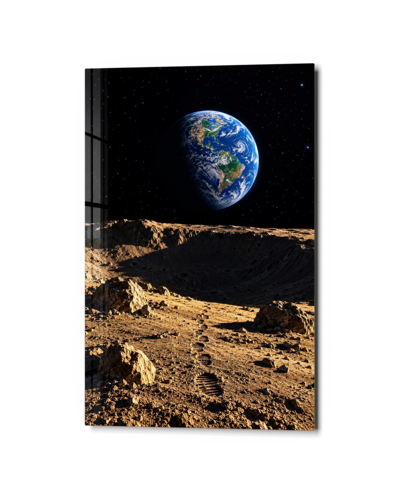 Glass wall art featuring footprints and moon dust design by Artdesigna, showcasing a sleek, modern glass wall decor piece.