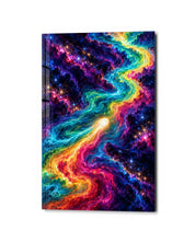 Colors Racing the Cosmos glass wall art by Artdesigna featuring vibrant cosmic-inspired abstract design on clear glass.