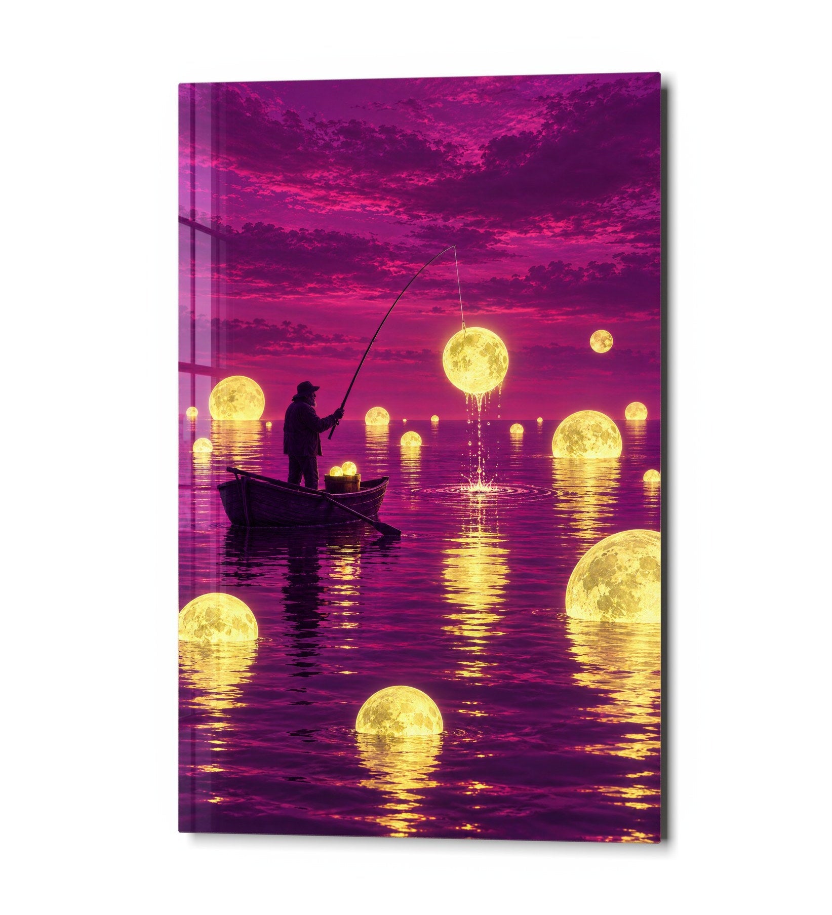 Night Angler glass wall art by Artdesigna featuring a detailed underwater scene with a fisherman silhouette on clear glass.