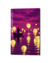 Night Angler glass wall art by Artdesigna featuring a detailed underwater scene with a fisherman silhouette on clear glass.