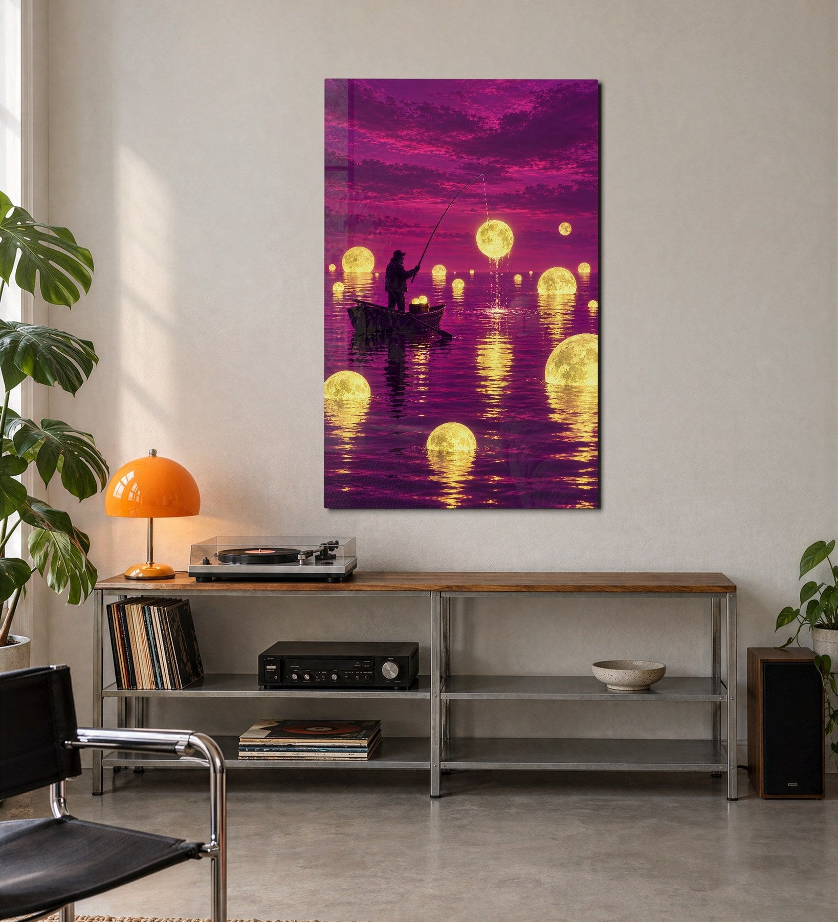 Night Angler glass wall art by Artdesigna featuring a vivid, artistic depiction of a fisherman at night with a serene background.
