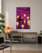 Night Angler glass wall art by Artdesigna featuring a vivid, artistic depiction of a fisherman at night with a serene background.