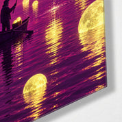 Night Angler glass wall art by Artdesigna featuring a serene night scene with a fisherman silhouette on a clear glass panel.