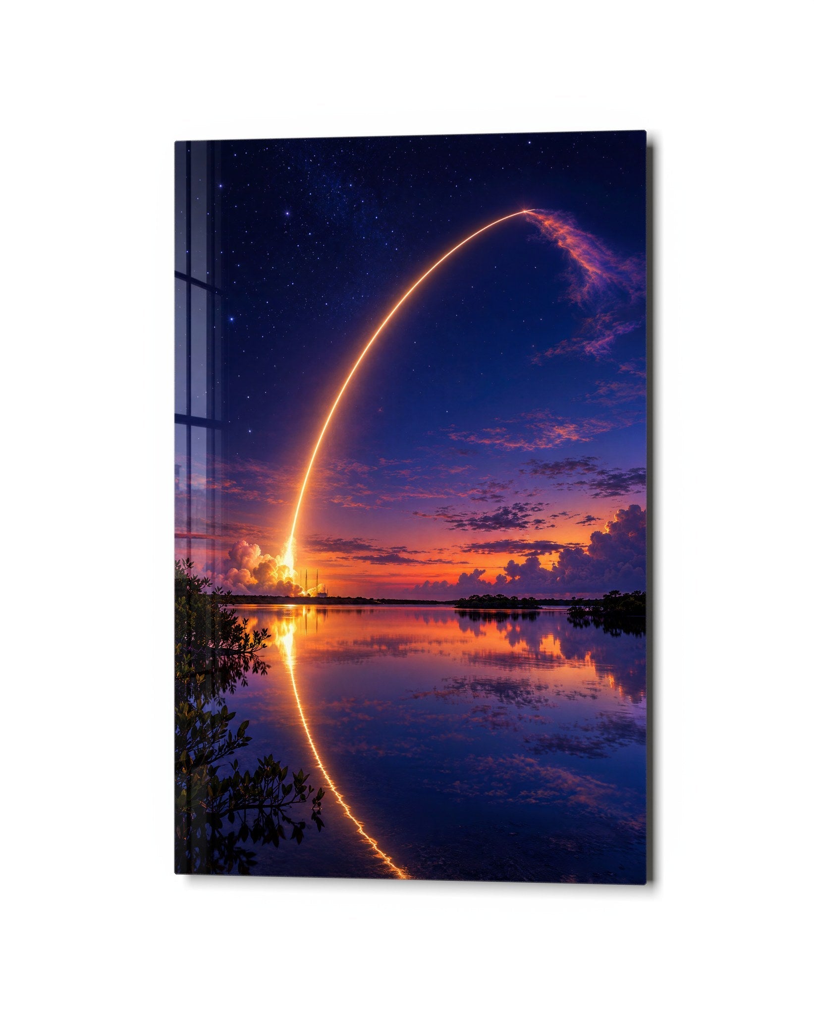 Glass wall art titled Lift-Off at Twilight by Artdesigna featuring vibrant, colorful abstract design on clear glass panel.