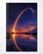 Artdesigna Lift-Off at Twilight glass wall art featuring a vibrant, abstract design with colorful celestial and twilight scene elements.