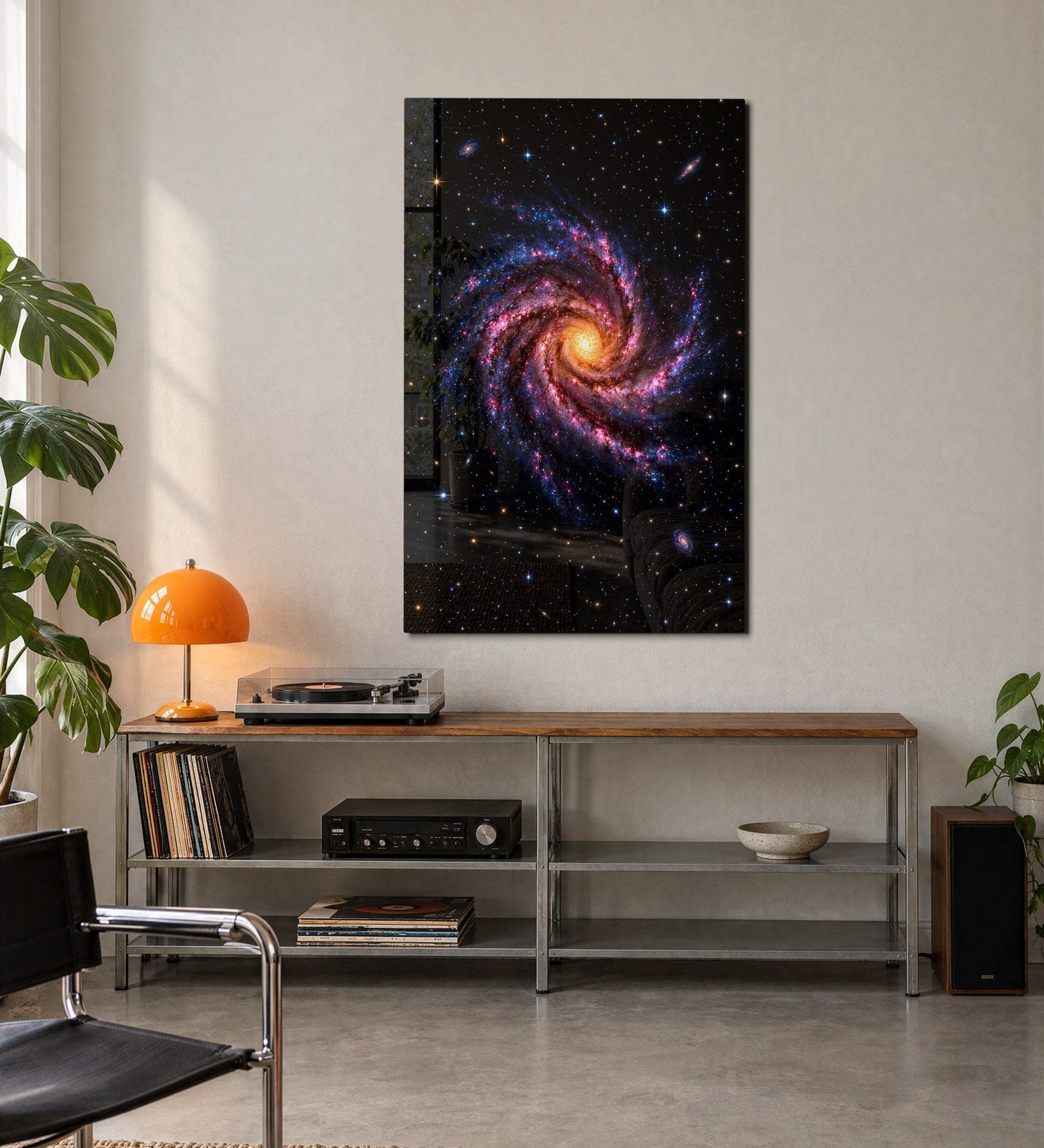 Pink glass wall art with spiral arm design by Artdesigna displayed on a modern wall setting.