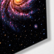 Pink spiral glass wall art featuring swirling arms, designed by Artdesigna, displayed on a wall with vibrant, colorful glass design.