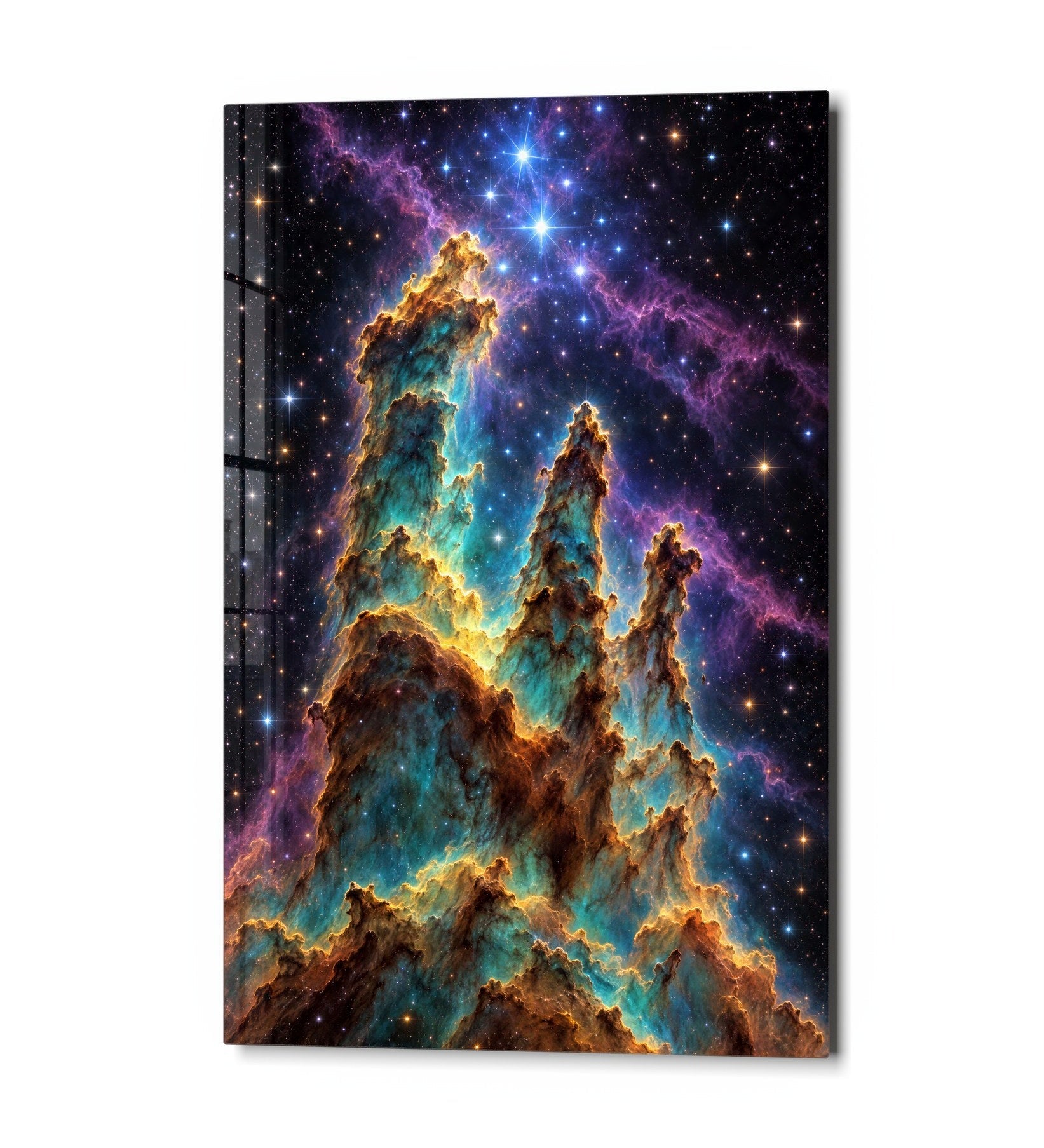 Blue glass wall art featuring star-shaped dust towers, created by Artdesigna, displayed as a modern decorative wall piece.