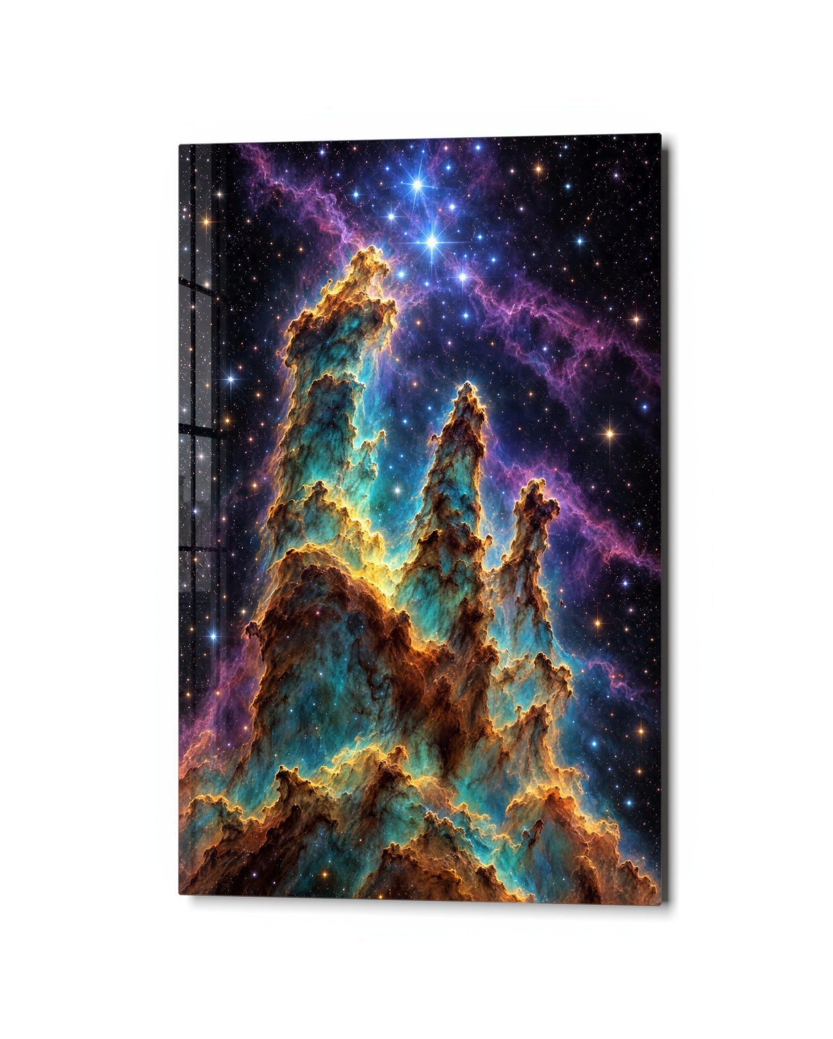 Blue glass wall art featuring star-shaped dust towers, created by Artdesigna, displayed as a modern decorative wall piece.