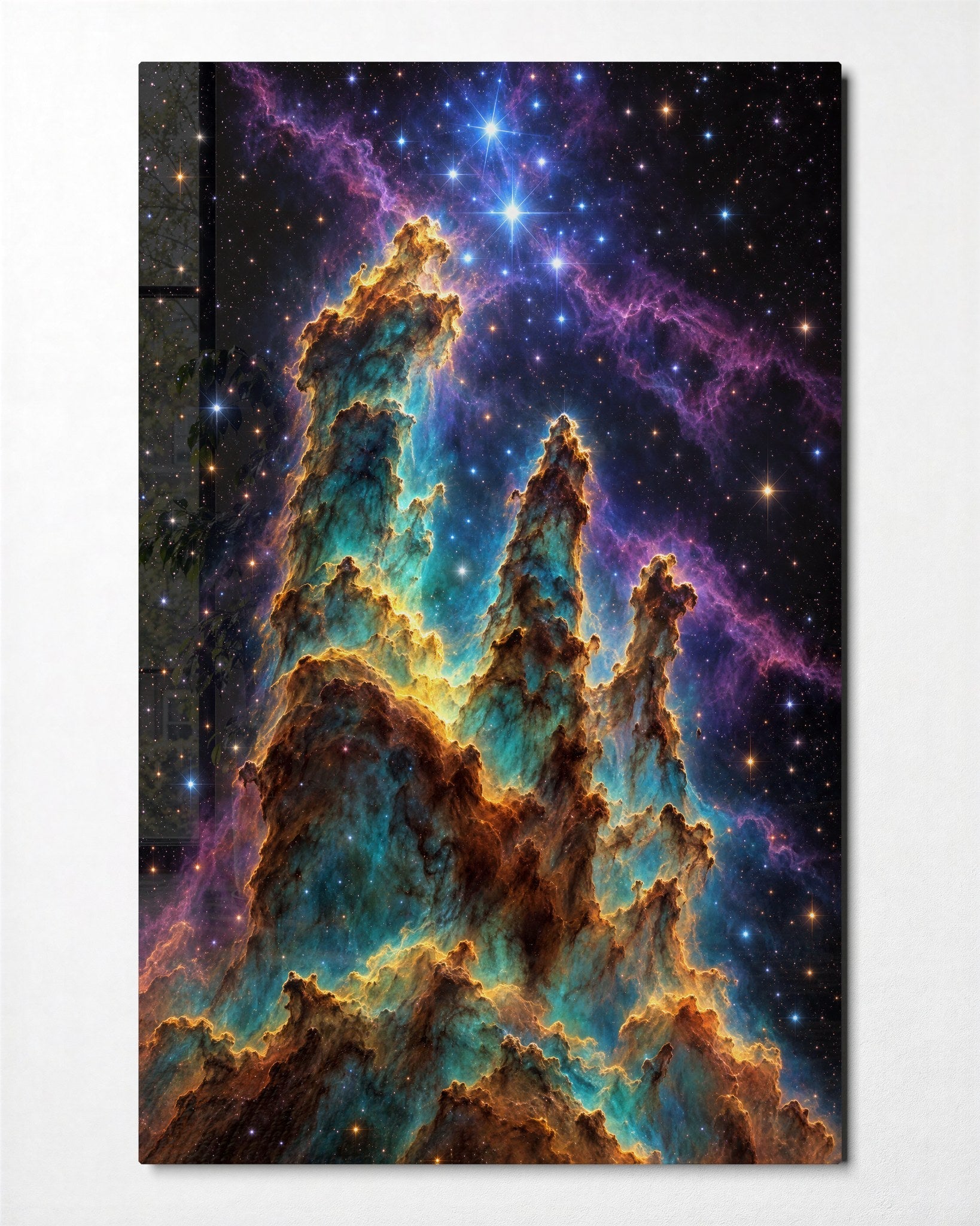 Blue star glass wall art by Artdesigna featuring dust towers design, modern decorative glass wall decor piece.