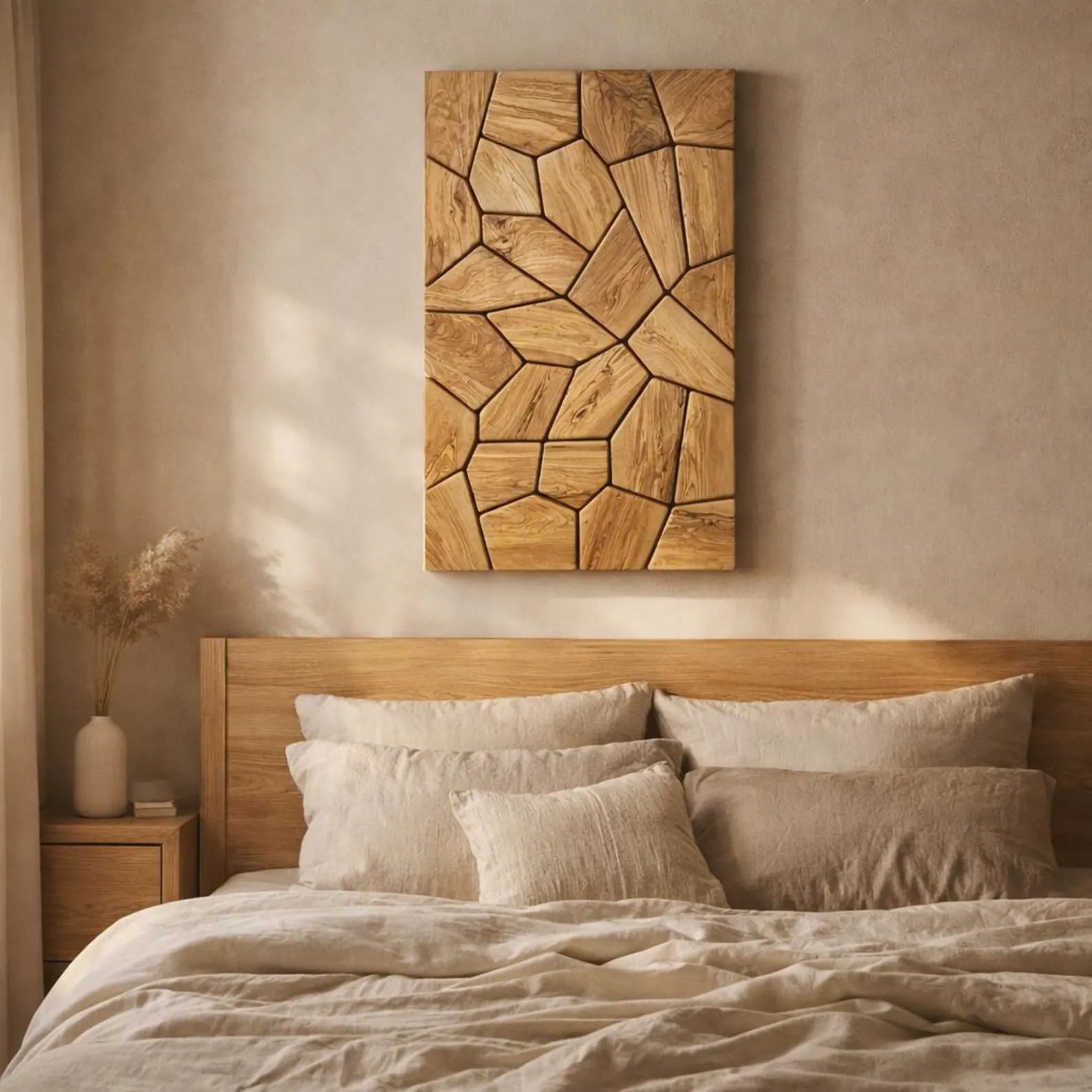 Handmade olive wood geometric wall sculpture showcasing intricate wooden art design, perfect for modern interior decor.