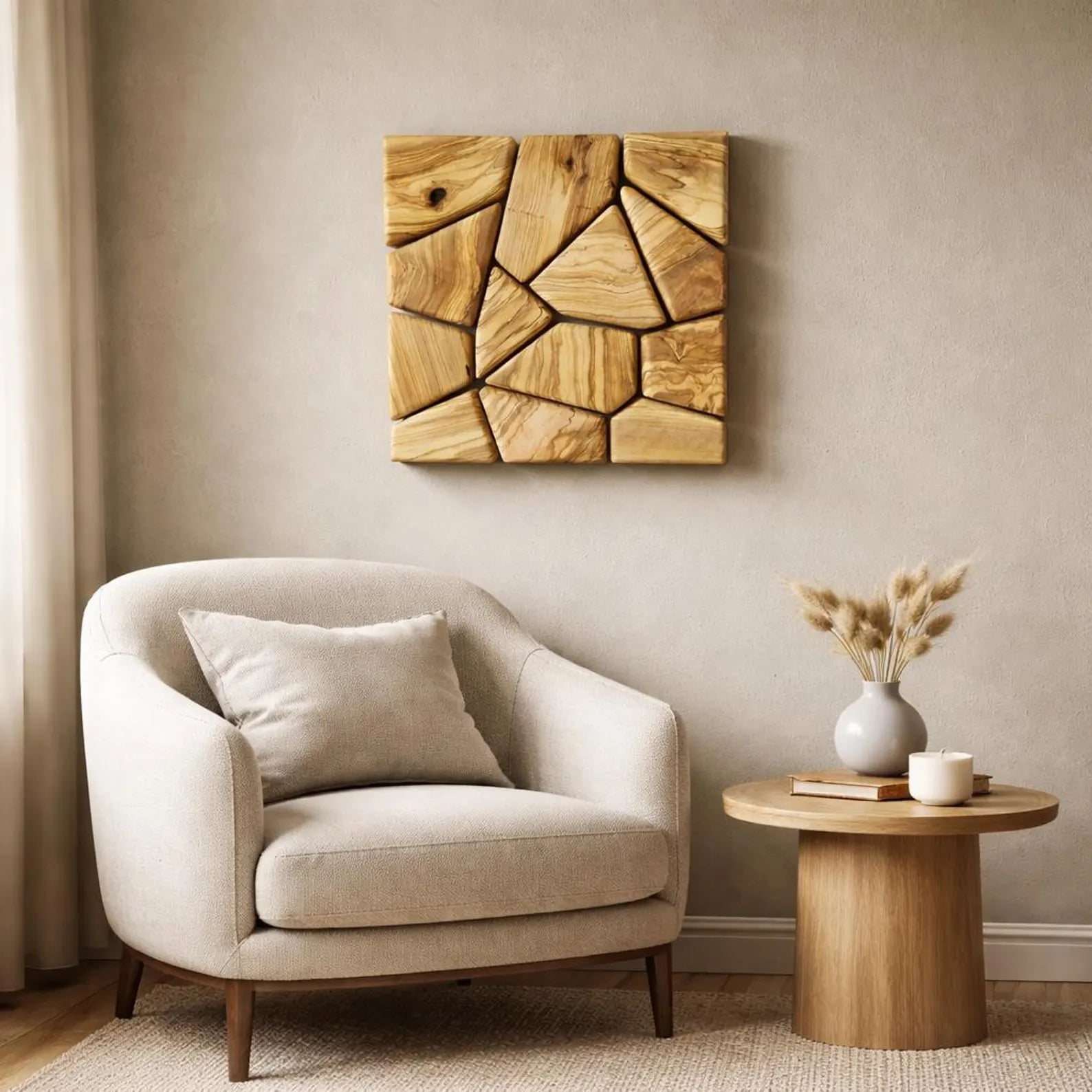 Handmade olive wood geometric square wall sculpture by Artdesigna, featuring natural wood grain and modern wall art design.