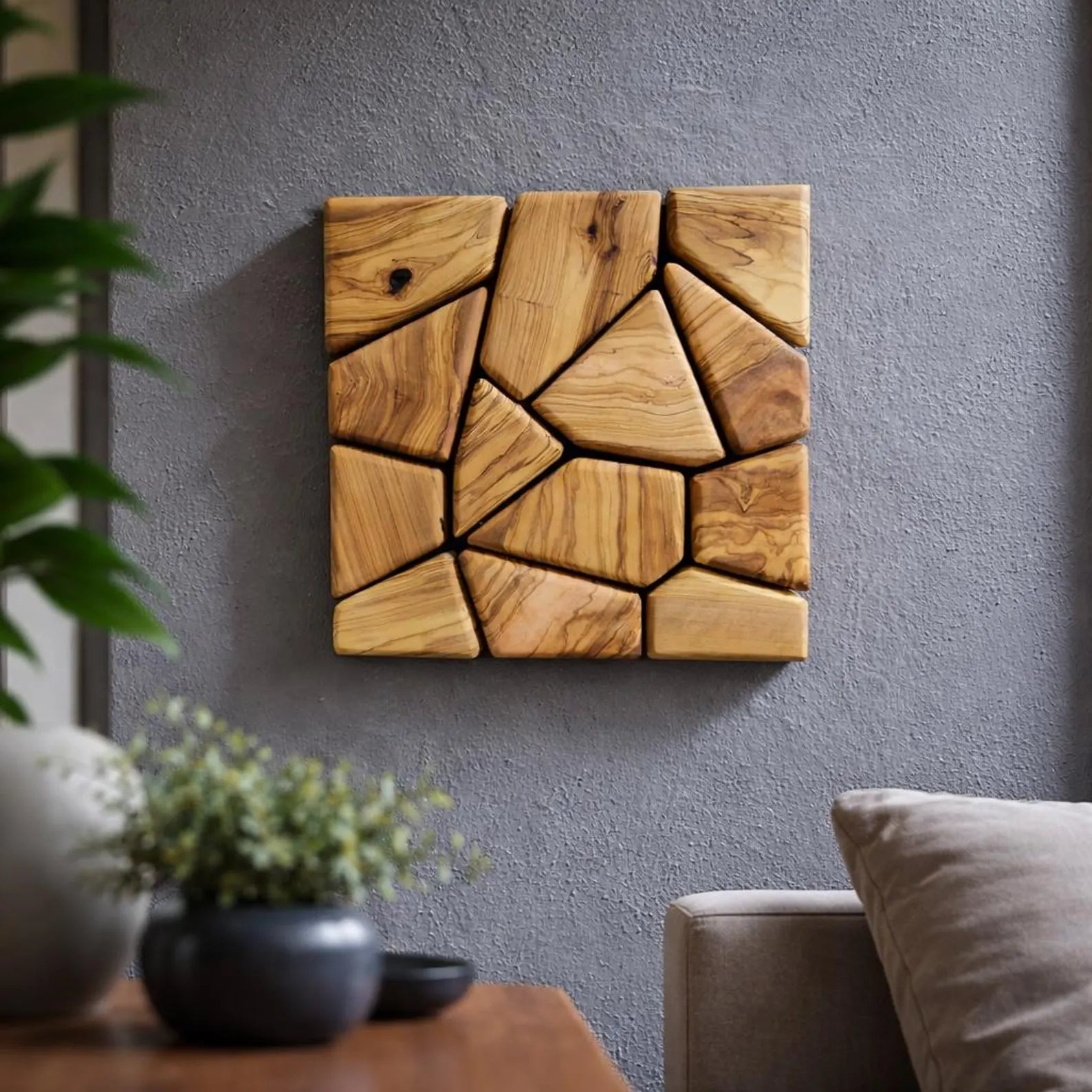 Handmade olive wood geometric square wall sculpture by Artdesigna, featuring natural wooden textures and modern design for wall decor.