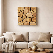 Handmade olive wood geometric square wall sculpture, natural wooden wall art with intricate geometric design by Artdesigna.