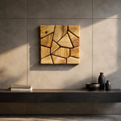 Handmade olive wood geometric square wall sculpture, natural wooden wall art with intricate geometric design by Artdesigna.