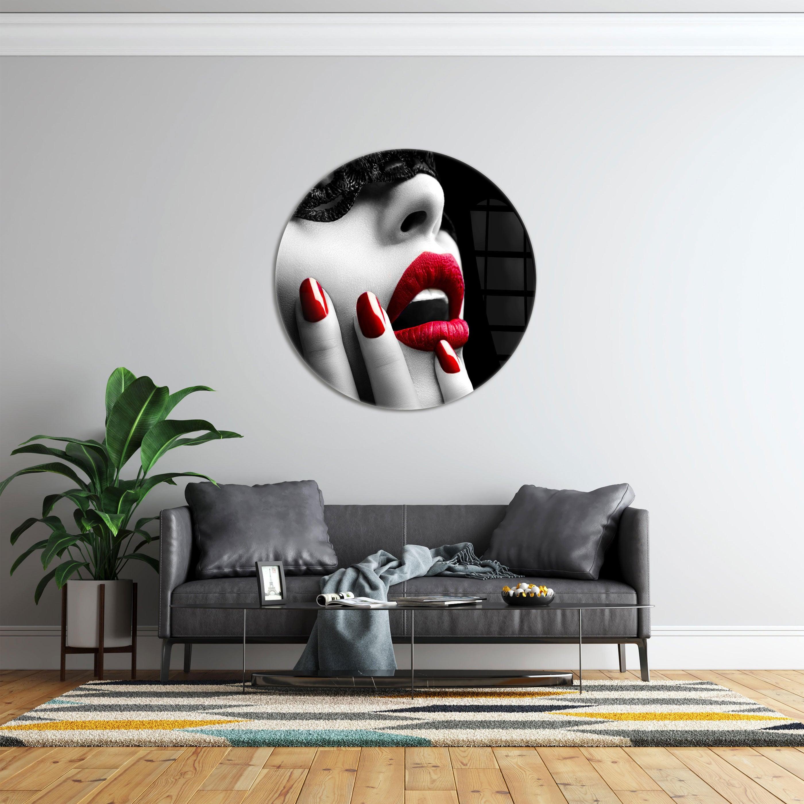 ・"Red Lips"・Rounded Glass Wall Art - ArtDesigna Glass Printing Wall Art