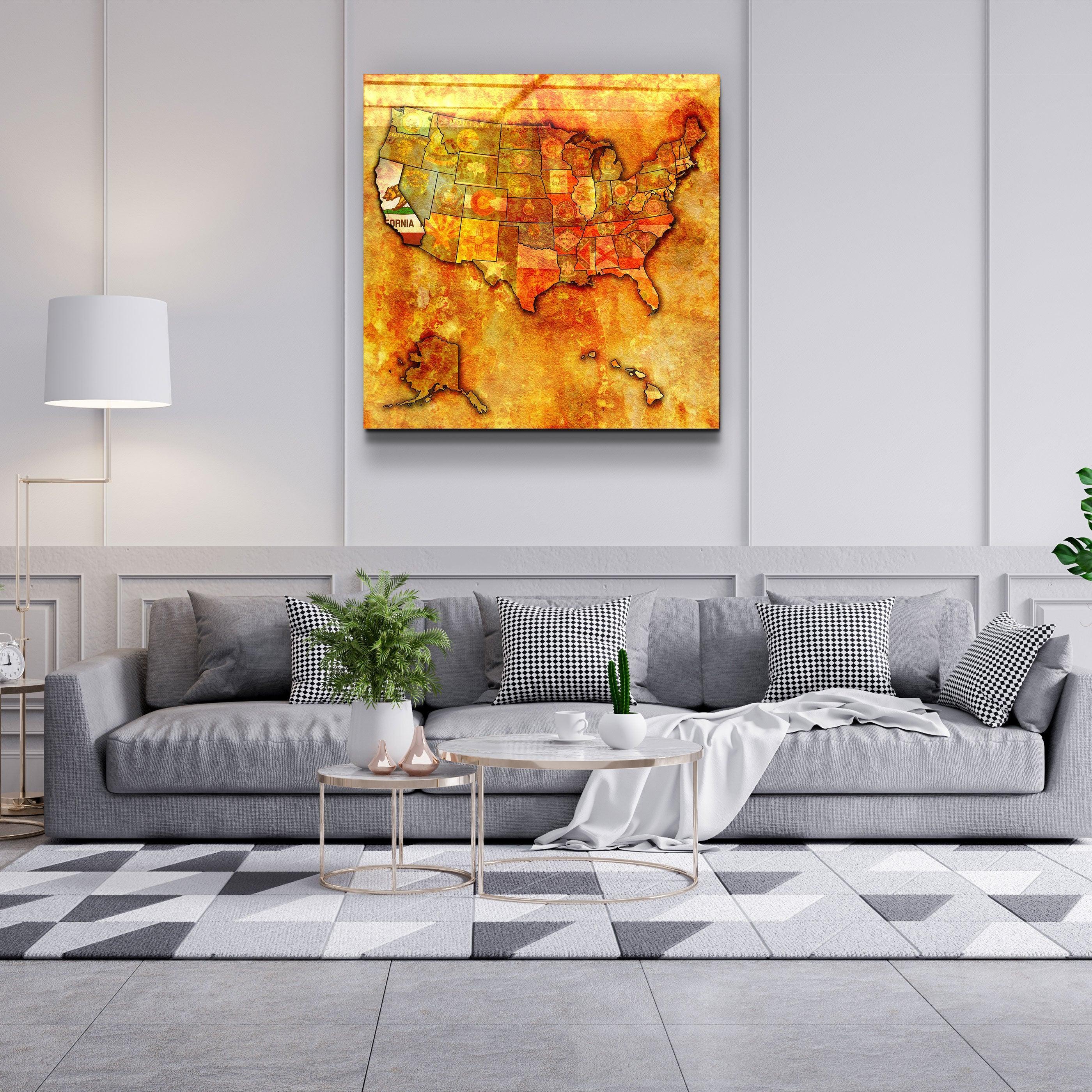 Vintage US California map glass wall art by Artdesigna, featuring detailed California state design in a sleek glass panel.