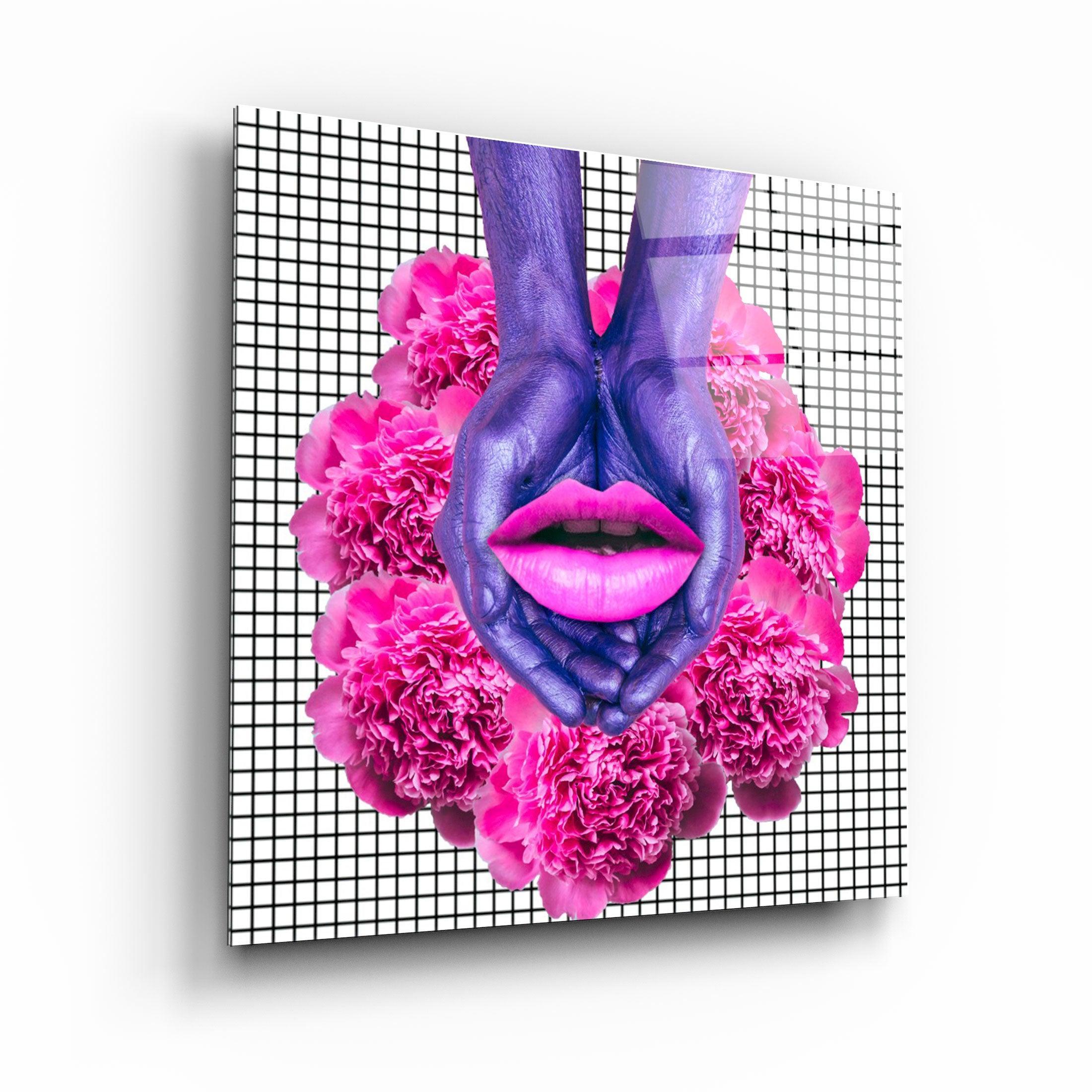 ・"Pink Flowers and Lips"・Glass Wall Art - ArtDesigna Glass Printing Wall Art