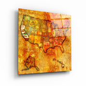 Vintage US California map glass wall art by Artdesigna, featuring detailed California state design on clear glass.