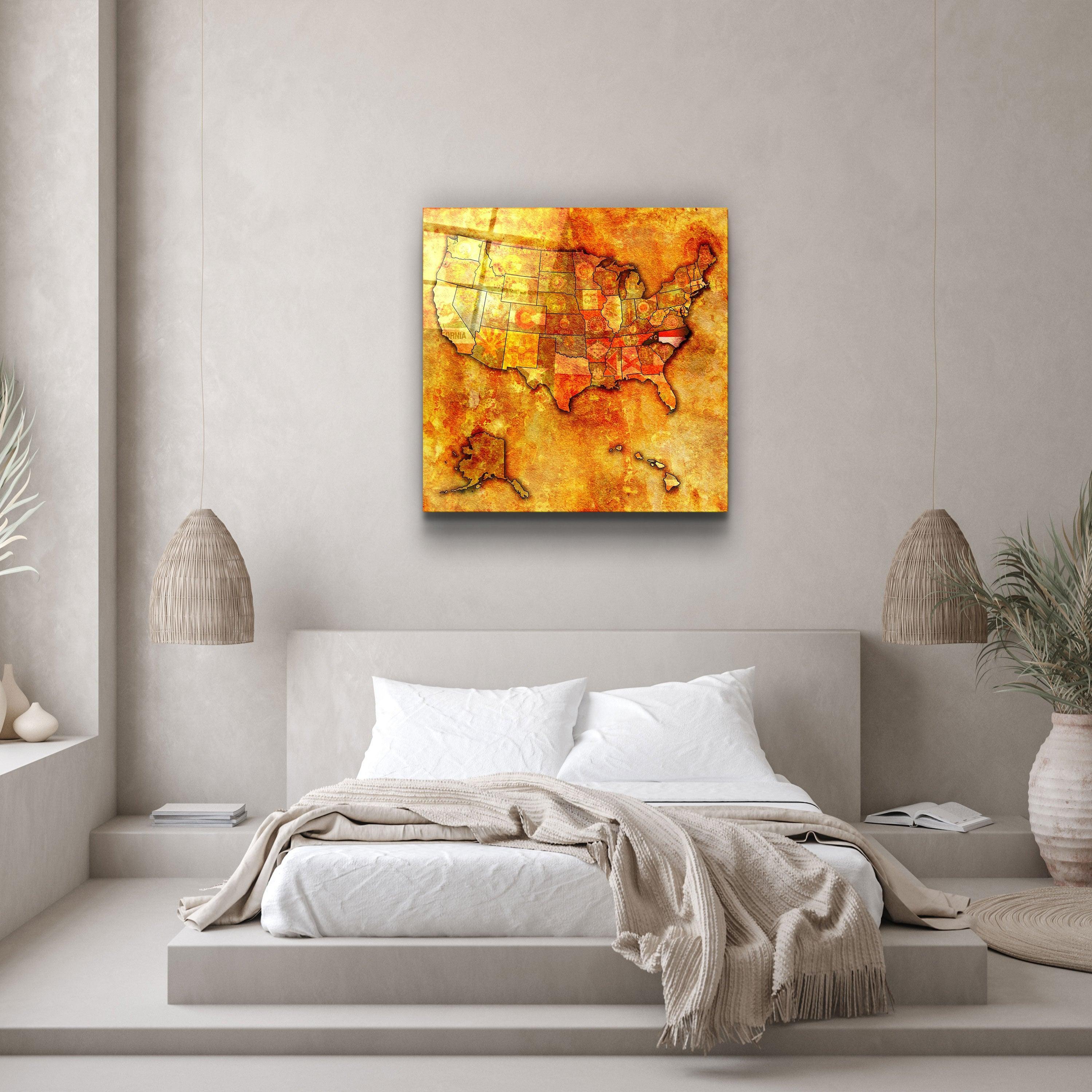 Vintage US North Carolina map glass wall art by Artdesigna, featuring detailed North Carolina geographic design in clear glass.