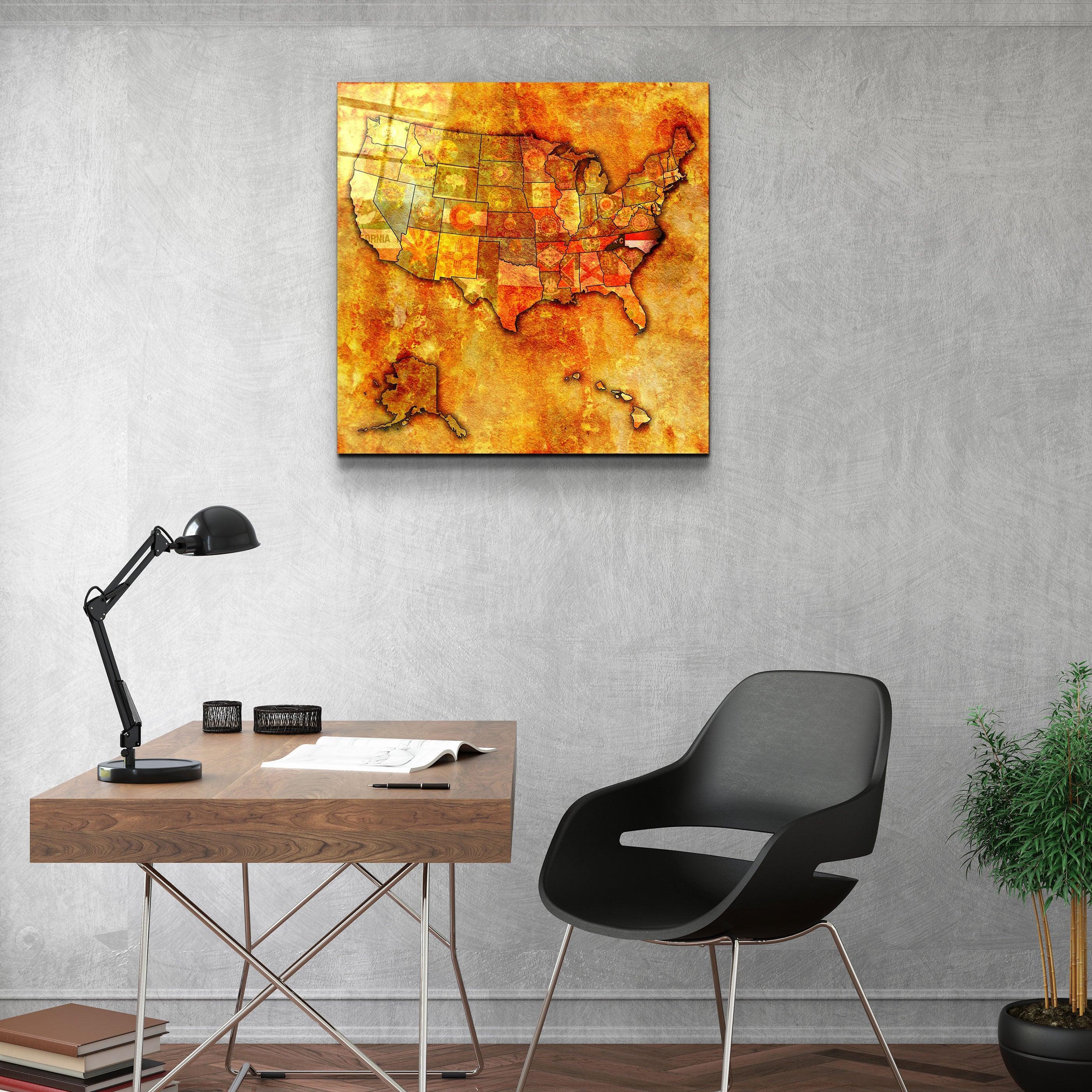 Vintage US North Carolina map glass wall art by Artdesigna, featuring detailed geographical design on clear glass surface.