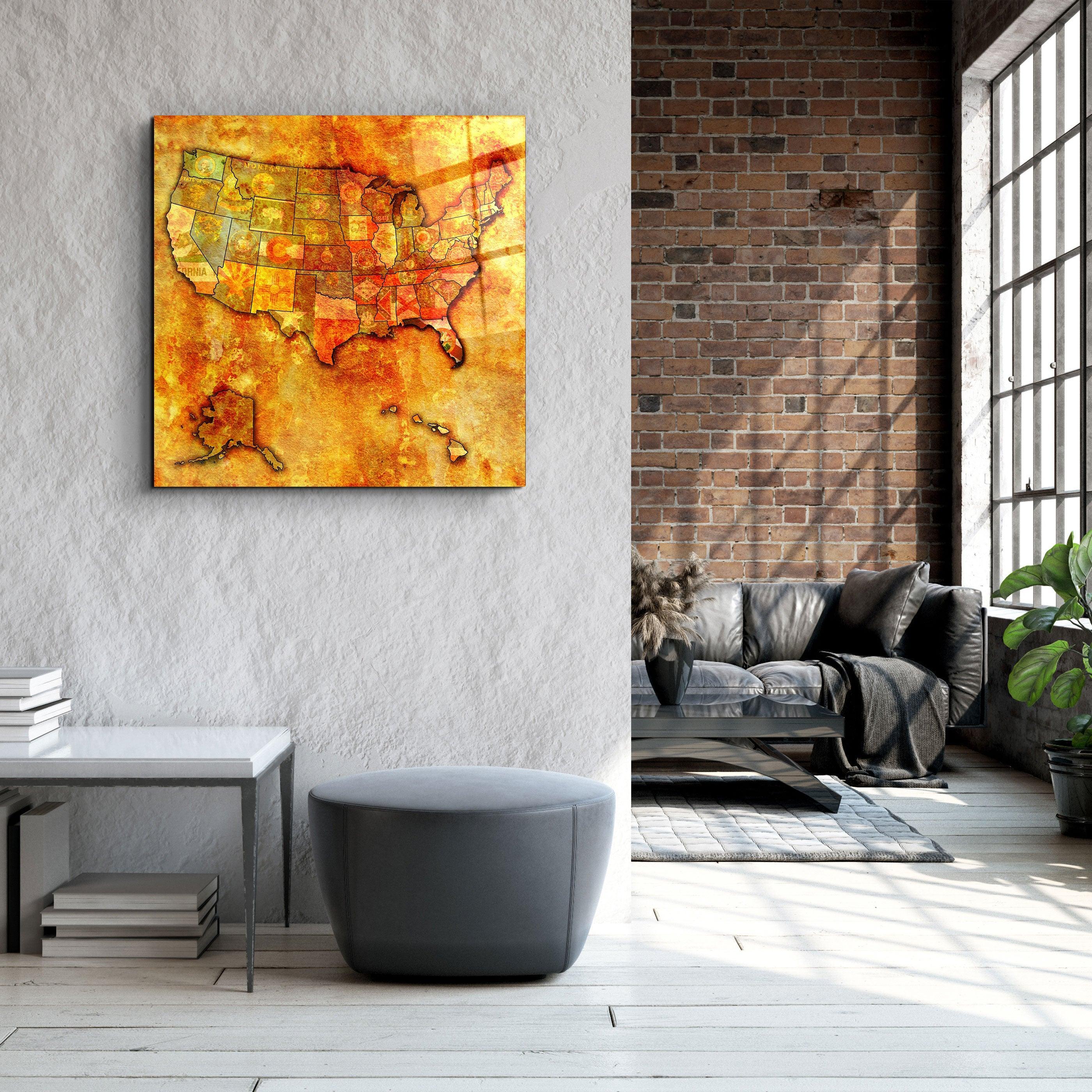 Vintage map of Florida wall art by Artdesigna, featuring a detailed glass wall art design of the US state with vibrant colors.